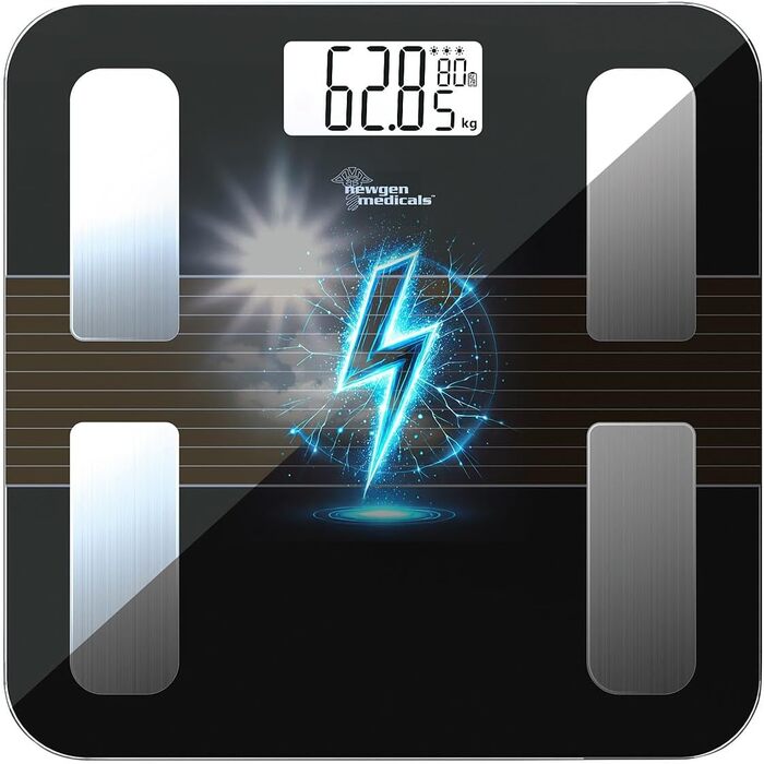 Вага Newgen Medicals: Розумна вага для тіла з сонячним акумулятором, вимірювання жиру, LCD-дисплей, до 180 кг (вага для тіла, фітнес-вага, вага для людей похилого віку)