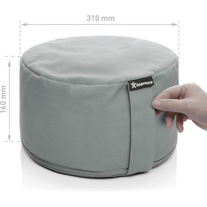 Подушка для йоги та медитації BODYMATE кругла 31 см, сіро-блакитна, з гречаним лушпинням, бавовняний чохол