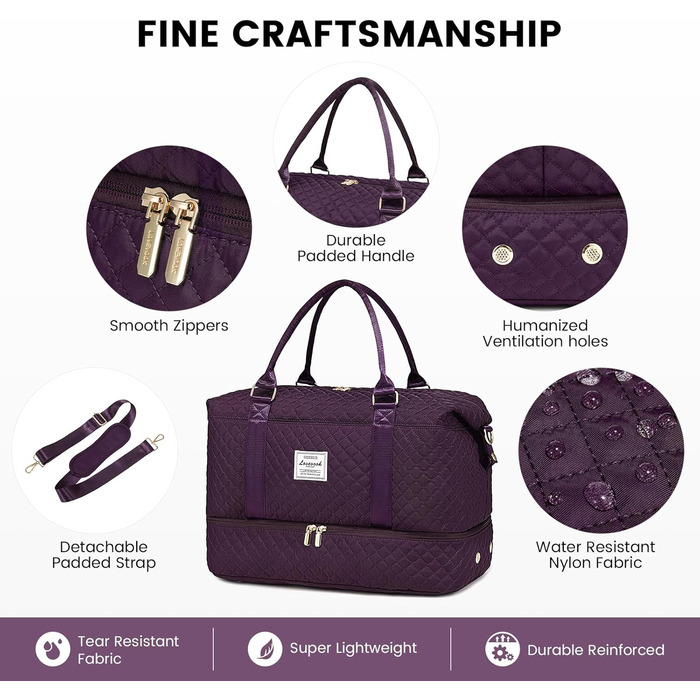 Спортивна сумка LOVEVOOK для жінок, велика дорожня сумка з відділенням для взуття та мокрих речей, сумка-мішок для подорожей, з косметичкою, для клініки, пологів, мами, водонепроникна, ручна поклажа для літака, спортзал (M-2шт, Темно-фіолетовий)
