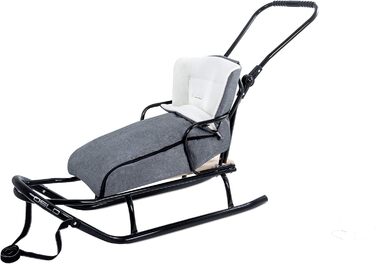 Металевий санний Oslo з підніжкою, ременями безпеки, ручкою для штовхання та мішком для ніг. Ідеальний для дітей та дорослих. Максимальне навантаження 120 кг. Колір: сірий