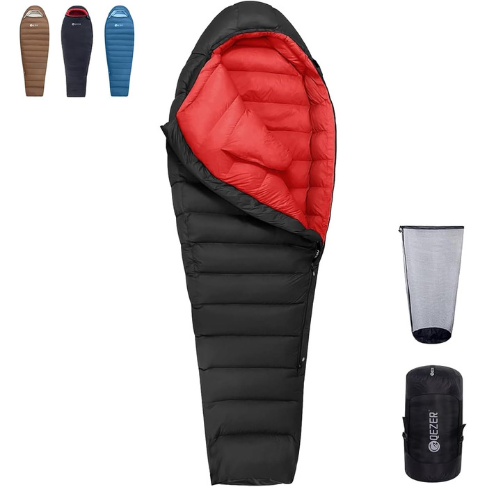 Сплячий мішок для дорослих та дітей, зимовий легкий, Outdoor 8°C ~ -30°C для кемпінгу та альпінізму, 650 FP гусячий пух, чорний, 1000г