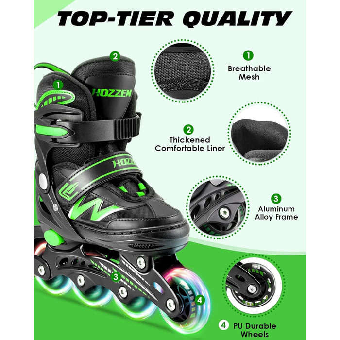 Роликові ковзани Hozzen для дітей, регульовані, ролики для дівчаток та хлопчиків, ролики з колесами, що світяться в темряві, ролики для використання в приміщенні та на вулиці, чорно-зелені