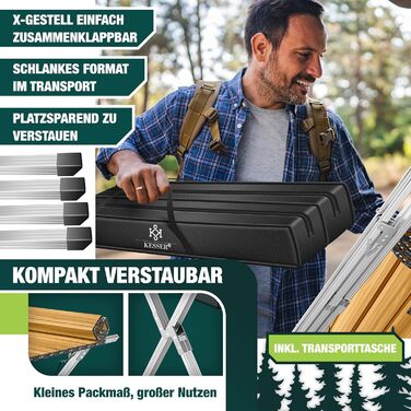 Кемпінговий стіл KESSER® розкладний, з алюмінієвим каркасом, регулювання висоти, 120x70 см, до 100 кг, з сумкою та сітчастою кишенею, з імітацією дерева (145x70 см)