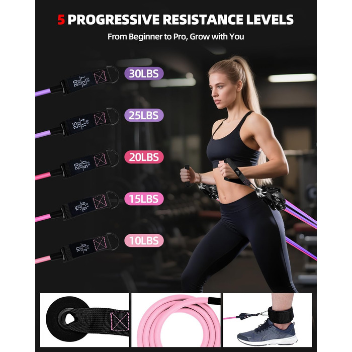 Набір еластичних стрічок Abahub для фітнесу з дверним кріпленням, ручками та петлею для ніг – для тренувань всього тіла, домашній спортзал, ідеально для початківців та досвідчених (Рожевий, 100LB)