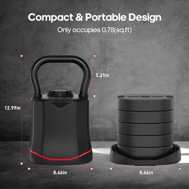 Кетлбел HXD-ERGO 6-в-1 регульований (3-18 кг) з швидкою зміною ваги, широким грифом, компактний для дому та тренажерного залу (чорний/червоний)