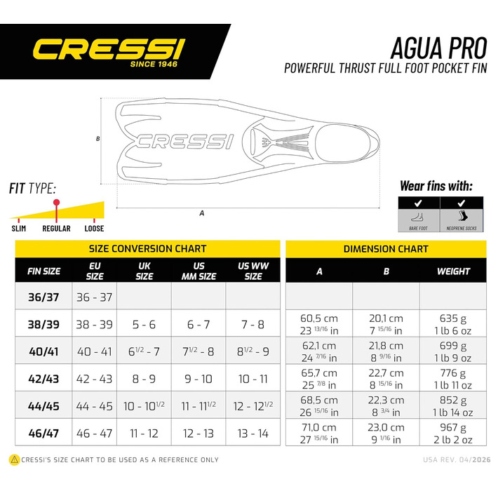 Ласти Cressi Agua Pro Vollfußflosse (40/41) - Сині, для дайвінгу та плавання, зручні, з потужним імпульсом