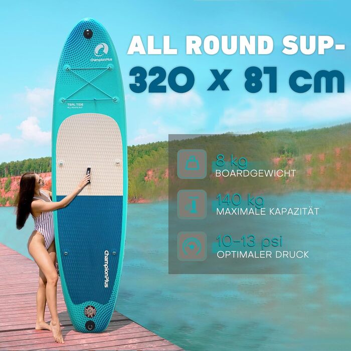 Надувний SUP Борд Championplus - Комплект для Сапбордингу, 320x81x15 см, Синій