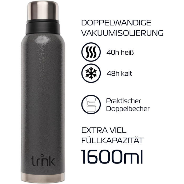 Термос TRNK Outdoor Polar 2, 1600 мл, нержавіюча сталь, BPA-free, з двома чашками, тримає тепло до 40 годин, підходить для посудомийки, колір вулканічний сірий