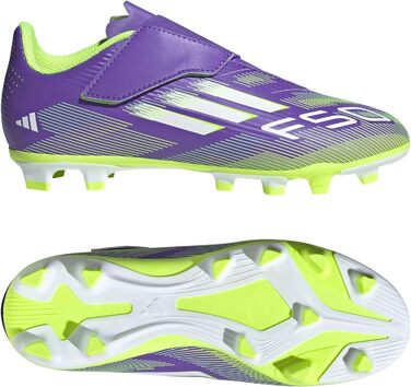 Дитячі футбольні бутси Adidas F50 Club Hook and Loop для гри на твердих та універсальних покриттях, розмір 35 EU, фіолетовий/білий/лимонний колір