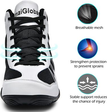Чоловічі боксерські та борцівські кросівки DimaiGlobal для фітнесу, кікбоксингу, карате, таekwondo, з низькою посадкою, чорно-білі, 46 EU
