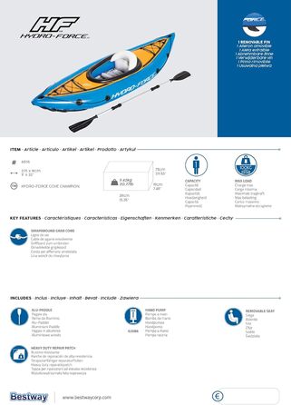 Надувний каяк Bestway Hydro-Force Cove Champion з веслом, 275 x 81 см
