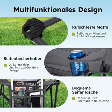 HIGH POINT SPORTS: 2 шт. складаний стілець для риболовлі та відпочинку на природі. Зручний, з кишенею для напоїв та охолоджувальною сумкою, до 120 кг, сірий