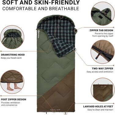 Сплячий мішок KingCamp для дорослих, зимовий | Фланелевий, теплий, 3-4 сезонний, великий, легкий, водостійкий, 2,2 кг, Beangreen/Braun (для кемпінгу, трекінгу, хайкінгу)
