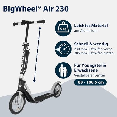 Самокат HUDORA BigWheel Air 230 з ручним гальмом, алюмінієвий, надувні колеса, міський, до 120 кг