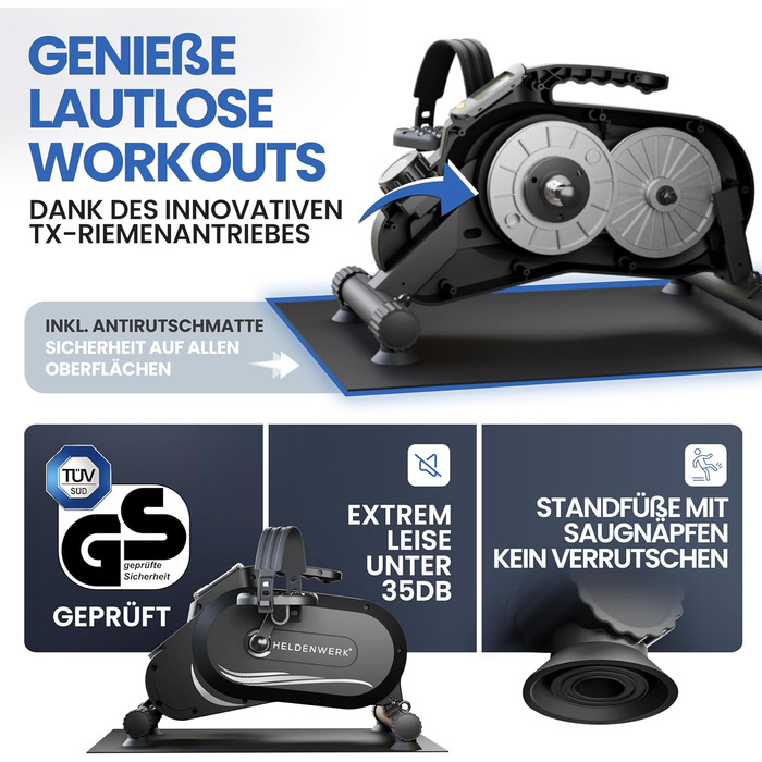 Тренажер для ніг та рук HELDENWERK Pedaltrainer PRO Set — домашній велотренажер для літніх людей та реабілітації, безшумний, сертифікований TÜV/GS