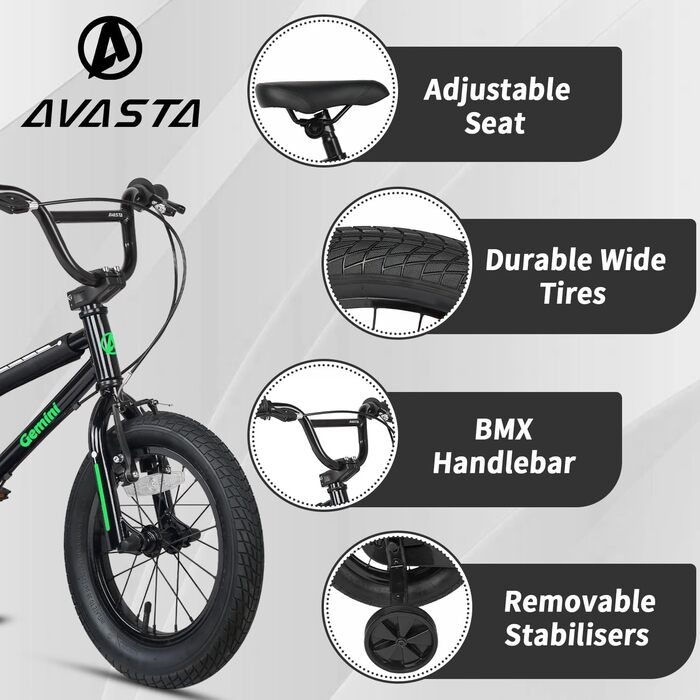 Дитячий велосипед AVASTA BMX 12/14/16 дюймів з бічними колесами та підніжкою, для хлопчиків і дівчаток 1-8 років, різнокольоровий