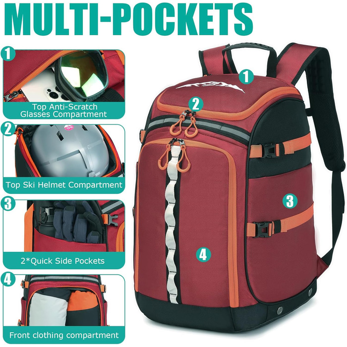 Сумка для лижних черевиків з відділенням для шолома, 65L, нейлон, рюкзак для лиж, роликів, ковзанів (червоний)