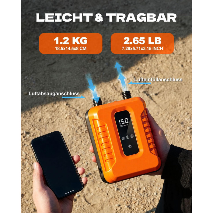 Електричний насос для SUP дошки Wiederaufladbar з авто-стопом та LED дисплеєм, помаранчевий (8H CM)