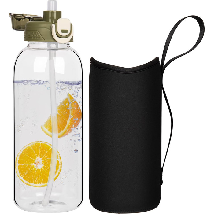 DEARRAY Скляна пляшка для води 1.5 л з трубочкою, захисним чохлом, без BPA, герметична, для спорту, смузі, фруктів, газованої води, зелена кришка