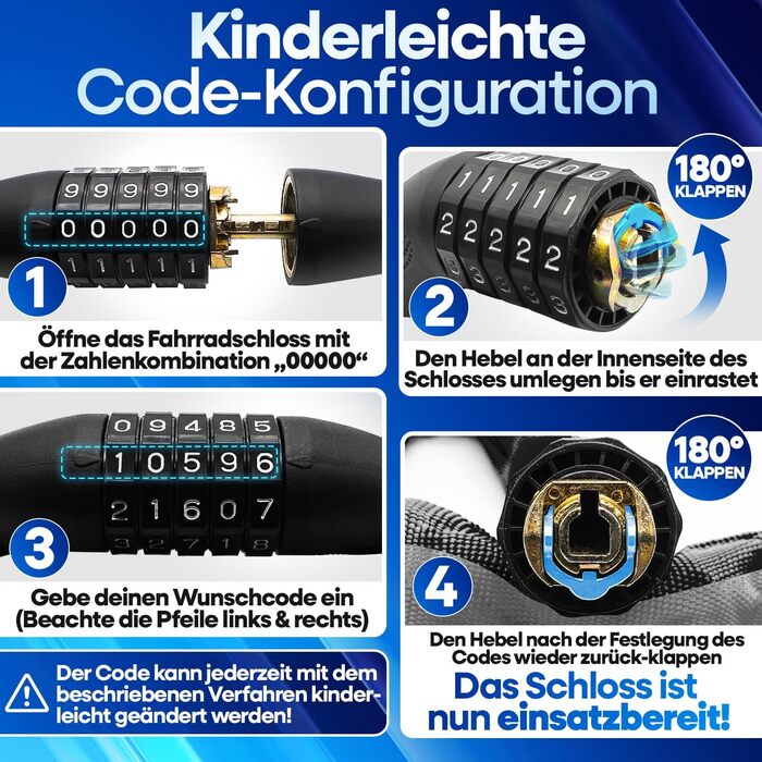 NEXTCOVER® Замки для велосипедів LockPro з кодовим замком - Оригінал - [SAFESECURE] Високий рівень безпеки | 5-значний код, сталевий замок для велосипеда | Замок для електровелосипеда | Кетловий замок (відбиваючий)