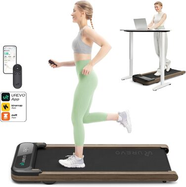 Бігова доріжка UREVO Holz Walking Pad з додатком SmartCoach, підлогова портативна доріжка під стіл, дерев'яний дизайн, швидкість 1–6 км/год, з пультом дистанційного керування, для дому та офісу