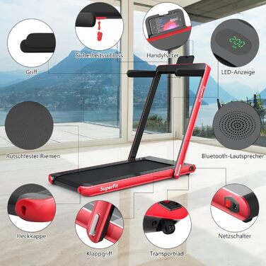 Бігова доріжка COSTWAY 2-в-1, складана, 2,25 к.с., з APP, Bluetooth, пультом, 1-12 км/год, під стіл, для дому, червона