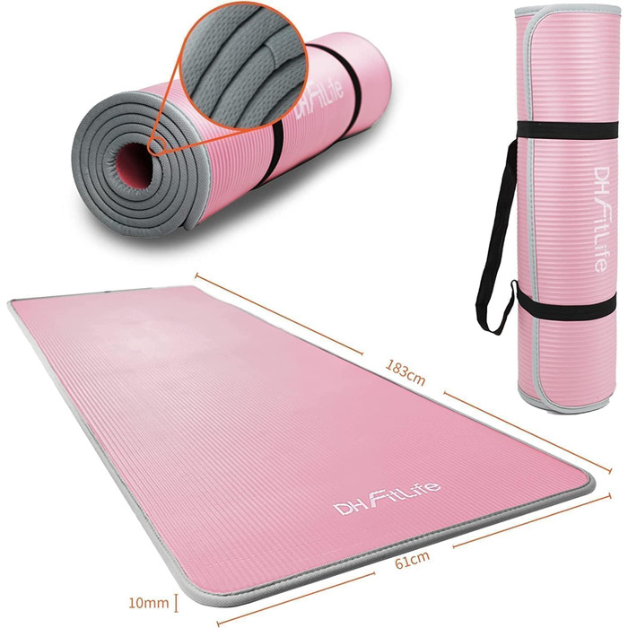 DH FitLife Килимок для фітнесу та йоги 183×61×1 см, товстий, нековзний, міцний, рожевий