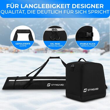 Набір STYNGARD для гірськолижного спорядження: сумка для лиж [180 см] та чохол для лижних черевиків [38 л] - міцний матеріал, якісна фурнітура, модель Courchevel (чорний-білий)
