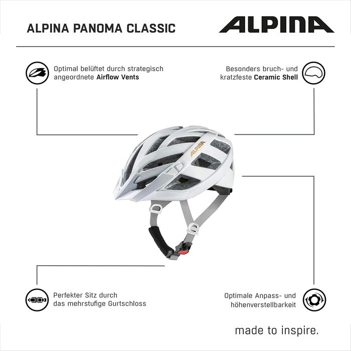 Велосипедний шолом ALPINA PANOMA CLASSIC для дорослих, білий-глос, 56-59 см, легкий, з вентиляцією, можливістю встановлення LED підсвітки
