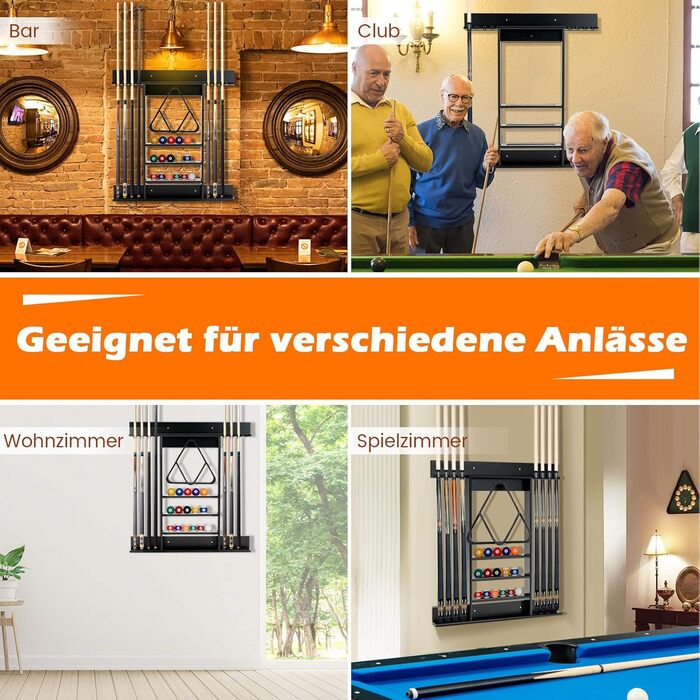 Підставка для більярних київ COSTWAY на стіну, для 8 київ, 15 куль та підставки для куль, з натурального дерева (чорна)