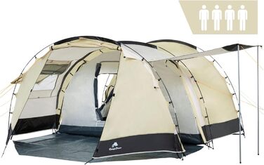 Намет CampFeuer Super+ для 4 особи: великий тунельний намет з 2 входами та тамбуром, 3000 мм водовідштовхування | Груповий, сімейний намет для кемпінгу, Sand/Schwarz