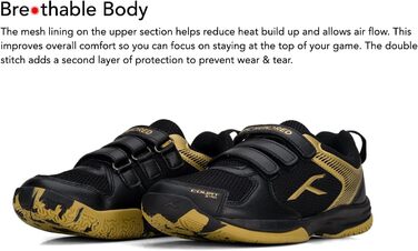 Бадмінтонні кросівки HUNDRED Court Star для дітей/юніорів | Легкі | X-Cushion | Для залу: бадмінтон, теніс, сквош, настільний теніс, баскетбол та падел (Чорний, Золотий, 37 EU)