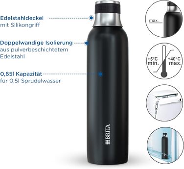Пляшка BRITA з нержавіючої сталі чорна для газування води sodaTRIO 0,65 л – ізольована, подвійна стінка, преміум-якість, силіконове кільце, протиковзка, компактна, чорна
