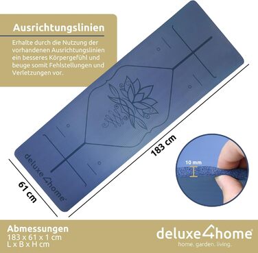 Йога мат для занять фітнесом та пілатесом Deluxe4home® | Антиковзка, з лінійками, з ручкою | Синій