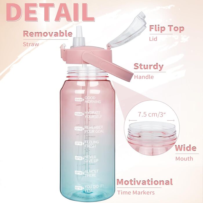 DEARRAY 2л пляшка для води Tritan з соломинкою та тайм-маркерами, BPA-free, мотиваційна, спортивна, для фітнесу, тренажерного залу, походів, прозора, рожево-бірюзова
