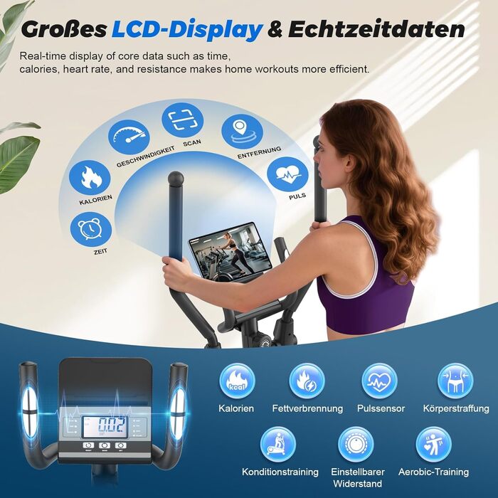 Еліптичний тренажер Neezee для дому: тихий, з 16 рівнями опору, 8 кг маховиком, LCD-дисплеєм (Bluetooth), до 150 кг, чорний