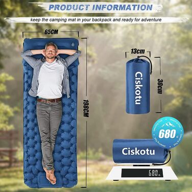 Килимок для кемпінгу Ciskotu самонадувний 8 см з подушкою. Підходить для кемпінгу, піших прогулянок та подорожей. (Синій+Сірий)