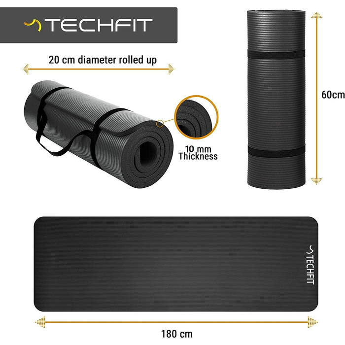 Йога мат TechFit: неслизька, товста (10 мм), для фітнесу, пілатесу, кемпінгу, чорна