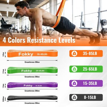Набір еластичних стрічок Fokky для фітнесу, 4 рівні, з дверним кріпленням та захисними подушечками, для силових тренувань, чорний, фіолетовий, зелений, помаранчевий