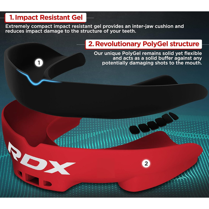Капа для спорту RDX, захист зубів для бойових мистецтв, MMA, кікбоксинг, хокей, футбол, муай-тай, регбі. Зручна коробка для зберігання. Для дорослих (від 12 років). Червоний колір.