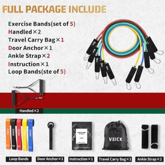 Набір еластичних стрічок для фітнесу VEICK: 16 шт. для калістеніки, пілатесу та фітнесу