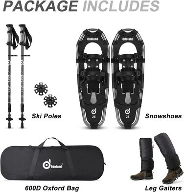 Снігоступи Odoland Allround 4 в 1 для жінок та чоловіків з трекінговими палками, водонепроникними гетрами та сумкою для перенесення. Розміри: 21, 25, 30 дюймів (63,5 см / 25 дюймів). Чорний.