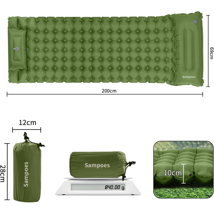 Надувний килимок для кемпінгу Isomatte, 10 см, самонадувний, з насосом, для туризму та відпочинку на природі (зелений, одинарний)