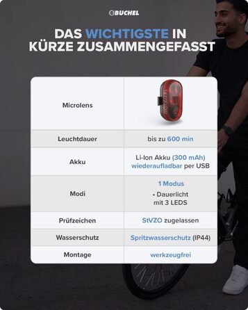 Заднє велоліхтар LED Büchel, акумуляторний, сертифікований StVZO, для велосипеда та електробіка (без функції показу гальмування)