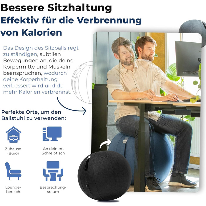 Ергономічний фітнес-стілець Sitzball для офісу та дому, 75 см, чорний