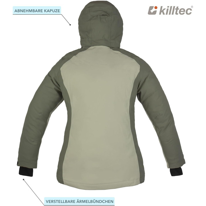 Жіночий гірськолижний костюм Killtec - комплект куртки та штанів, водонепроникний та дихаючий, 10000 мм водяного стовпа, без PFC, куртка зі снігозахисним манжетом, штани з кантозахистом (36, 2 частини, салатовий)