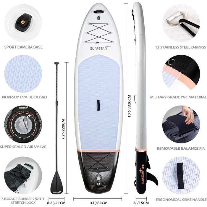 Надувний SUP Борд Surfstar з тримачем для камери, 320x84x15 см - Комплект для підлітків та дорослих з аксесуарами. Білий, алюмінієве весло