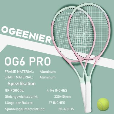Набір тенісний OGEENIER 27 дюймів для дорослих (жінок/чоловіків), для початківців: 2 ракетки, 2 намотані ручки, 3 м'ячі, 2 демпфери, сумка (рожевий)
