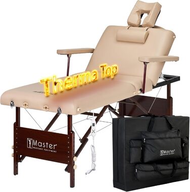 Складний масажний стіл Master Massage з підігрівом, регульована спинка, шкіра/дерево, 71 см, бежевий, для салону та косметології