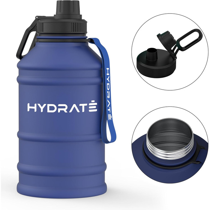 Фляга для води HYDRATE з нержавіючої сталі, 2.2 літри, без BPA, спортивна, металева, з нейлоновим ремінцем, надійна, 2200 мл, Middernachtsblau (Темно-синій)